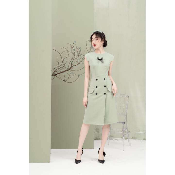 RẬP – Đầm Xanh Tay Lững Đính Ruy Băng Trước Ngực – MINT 06