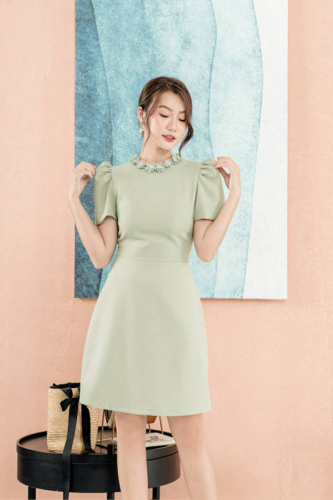 RẬP – Đầm Xanh Tay Phồng Cổ Đính Hoa – SHINE 04 MINT