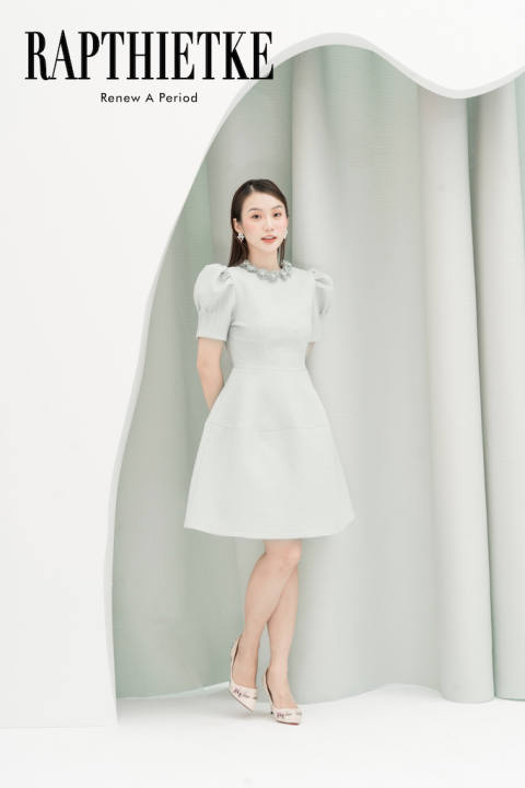 RẬP – Đầm Xanh Tay Xếp Viền Cổ Đính Hoa – PRINCESS 07