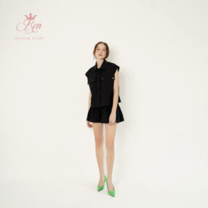 REN - Quần Đùi Xếp Ly Dáng Xòe Đen