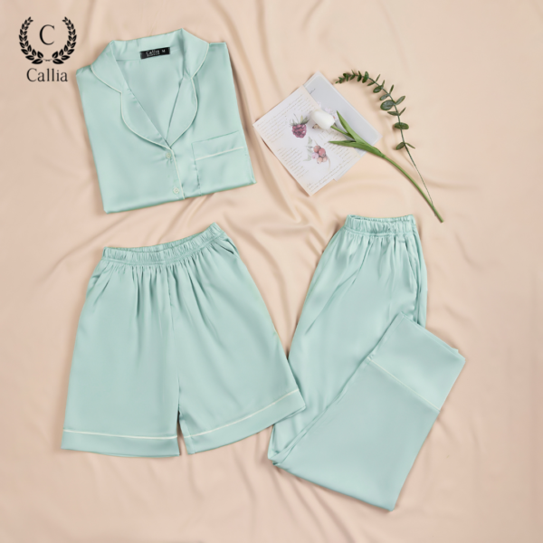 Set Bộ Lụa Mặc Nhà Callia 03 Chi Tiết Áo Kèm Hai Quần Màu Xanh Mint