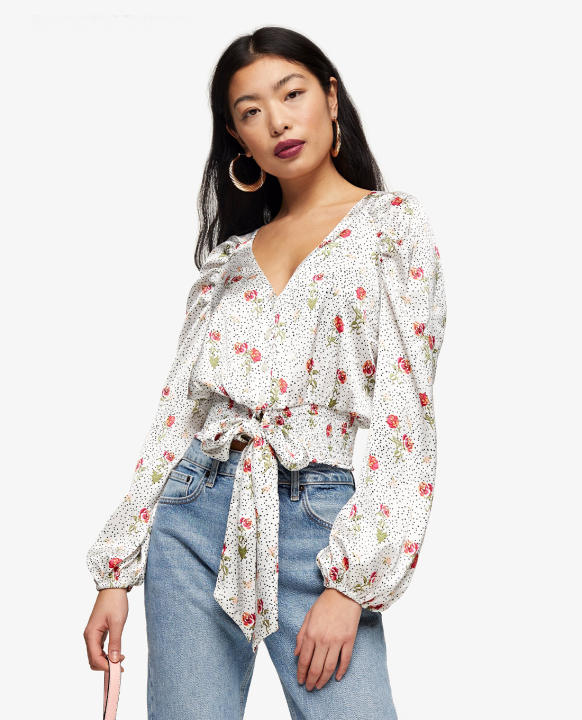 TOPSHOP – Áo kiểu nữ PETITE Cream Satin Floral Dot Tie Front 26B06SCRM-200