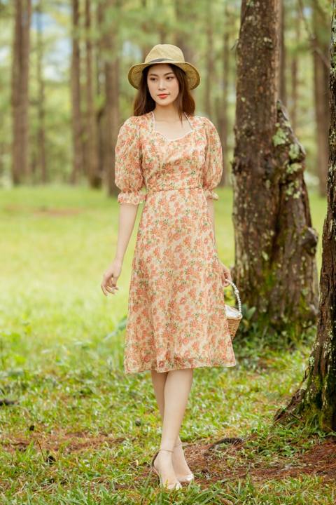 VANIA – Đầm voan cổ vuông phối ren thun sau D2203
