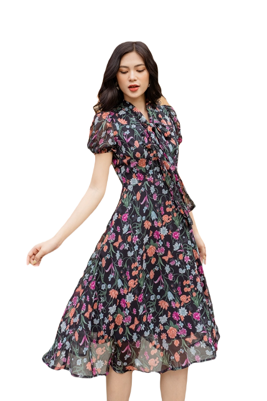 VANIA – Đầm voan xòe nơ cổ D2205