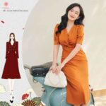 Váy dài qua gối, đầm dáng dài cổ V xoắn eo GIIAN chính hãng G-V2470