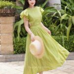 Váy đi biển màu xanh bơ cánh tiên cut out phối ren chính hãng Giian –