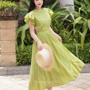 Váy đi biển màu xanh bơ cánh tiên cut out phối ren chính hãng Giian -