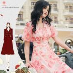 Váy hoa dáng dài xếp ly ngực chiết eo thiết kế Giian G-V2469