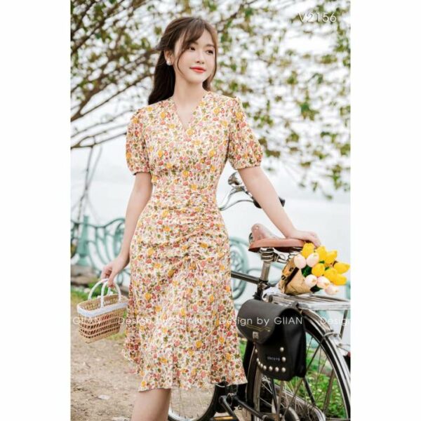Váy hoa nhí vintage tay bồng đuôi cá hàng thiết kế GIIAN, đầm cổ chữ V rút dây dáng dài - V2156
