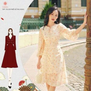 Váy hoa nhún đính ngọc cổ bèo màu be thiết kế Giian G-V2463