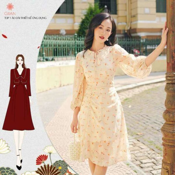 Váy hoa nhún đính ngọc cổ bèo màu be thiết kế Giian G-V2463