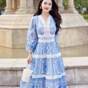 Váy maxi phong cách vintage vải tơ phối ren họa tiết thổ cẩm hàng chính hãng Giian - V2515