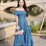 Váy maxi trễ vai xanh coban xẻ tà thiết kế chính hãng Giian – V2500