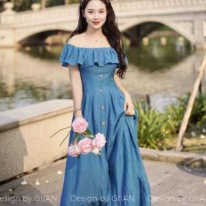 Váy maxi trễ vai xanh coban xẻ tà thiết kế chính hãng Giian - V2500