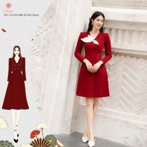 Váy Nhung đỏ nữ Elfleda Dress dự tiệc dáng dài cổ V phối nơ thiết kế chính hãng GIIAN, đầm cô dâu lụa gắn nơ tinh tế - V2444