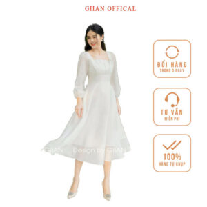 Váy trắng dáng dài xoè dự tiệc GIIAN, đầm công chúa cổ vuông đính ngọc tay bồng - V2418