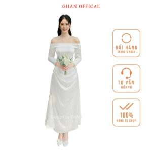 Váy trắng trễ vai dáng dài thiết kế chính hãng GIIAN, đầm maxi nhún eo cho cô dâu, dự tiệc chất lụa sang trọng - V2426