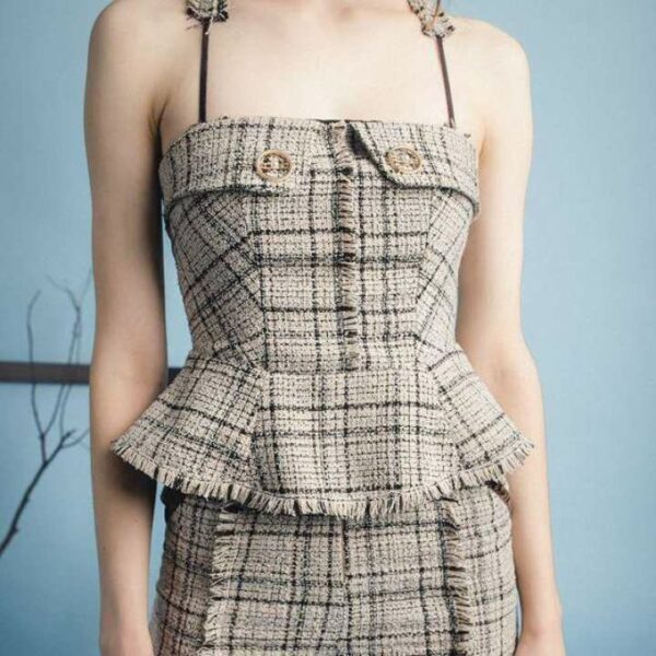 Áo kiểu dây vải tweed caro dáng ôm peplum có mút ngực-Nguyen.atelier