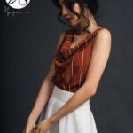 Áo kiểu sát nách lụa cam sọc đen cổ đổ và cổ v-Nguyen.atelier