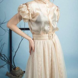 Áo kiêu tay phồng thắt ruy băng nơ gài nút vải voan-Nguyen.atelier