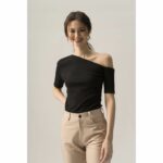 Áo lệch vai – áo thun gân – CATA top in black, SOLID
