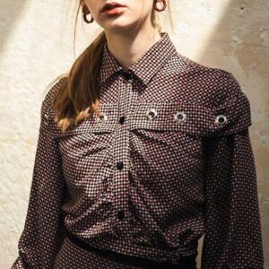 Áo sơ mi lụa dài tay họa tiết ô nhỏ rả ngực có phối khoen- Nguyen.atelier