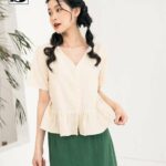 Áo sơ mi nữ kiểu đẹp cỏ V, bèo gấu, viền tim, dáng peplum TWENTYFIVE 4116