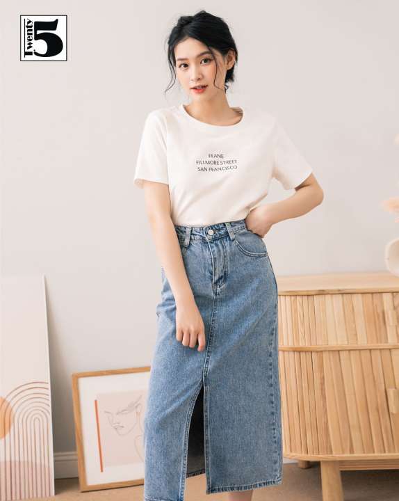 Chân váy jeans nữ dáng chữ A midi dài qua gối, xẻ trước hack dáng TWENTYFIVE 4155