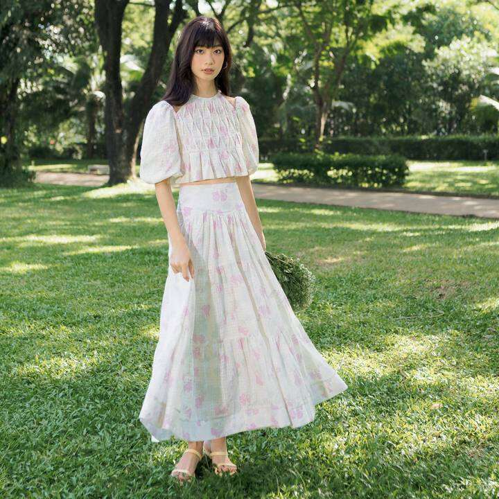 CHLOE SET – Set váy áo hoa nhí tay phồng dáng midi xoè