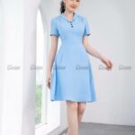 Đầm chiffon xanh ngọc, dáng xòe, cổ sam đính cúc TOSON 44071A11