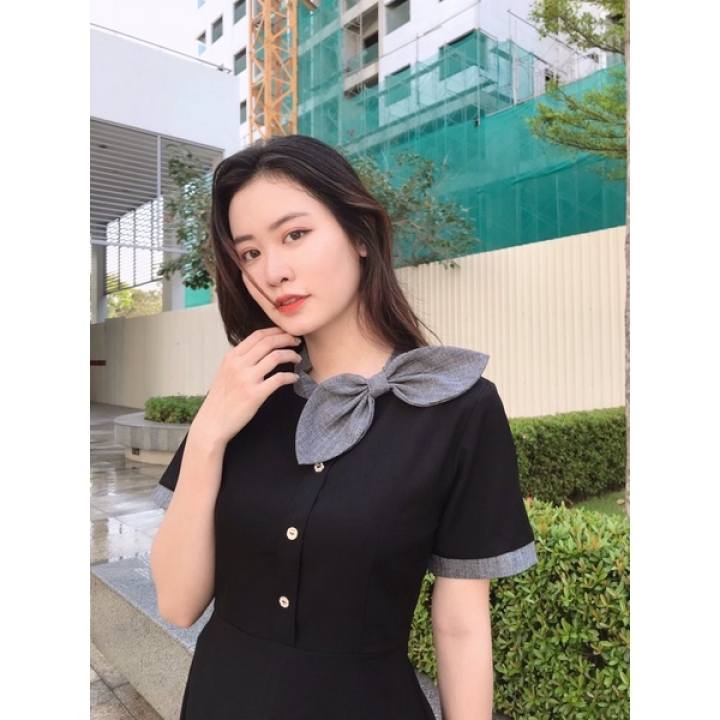 Đầm đen nơ cổ xám