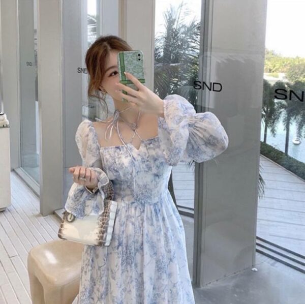 Đầm hoa cổ vuông tay chun trang nhã - Rossy Fashion
