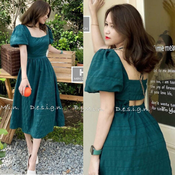 Đầm midi cổ vuông khoét lưng - Rossy Fashion