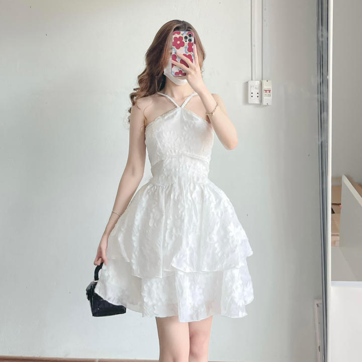 Đầm nữ váy nữ thiết kế đẹp Rossy đầm trắng cổ yếm dây chéo lai tầng hoa  nổi siêu đẹp