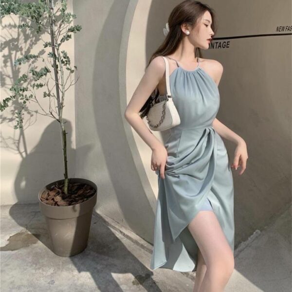 Đầm nữ váy nữ thiết kế Rossy, đầm xanh cổ yếm tà chéo thích hợp dự tiệc cưới, party, đi chơi, du lịch