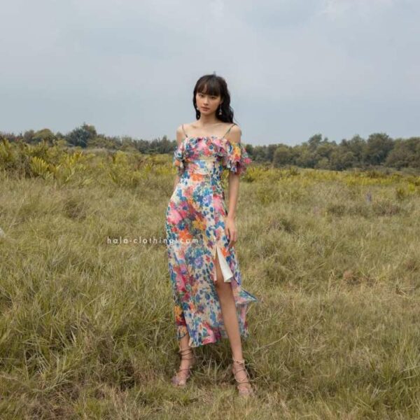 HALA Elodie Dress - Váy hoa trễ vai lưng nơ