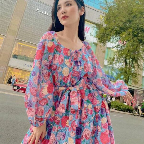 HALA Peony Dress - Váy hoa suông cổ tròn đai nơ