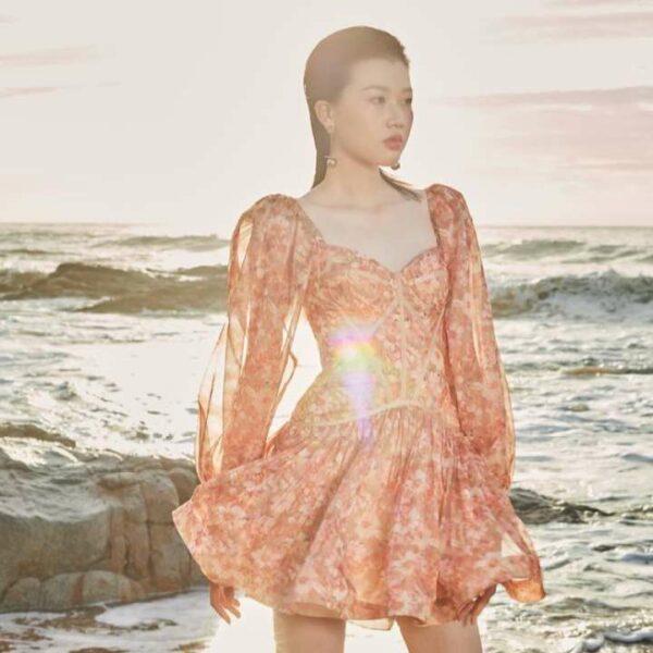 JUBIN STUDIO I Đầm cam hoa tay phồng (Primrose Dress)