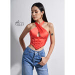 Oh Polly – Áo croptop lụa satin corset khoét ngực, cổ yếm hở lưng sexy