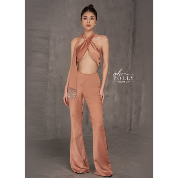 Oh Polly - Jumpsuit dây chéo ngực, quần dài ống loe sang chảnh