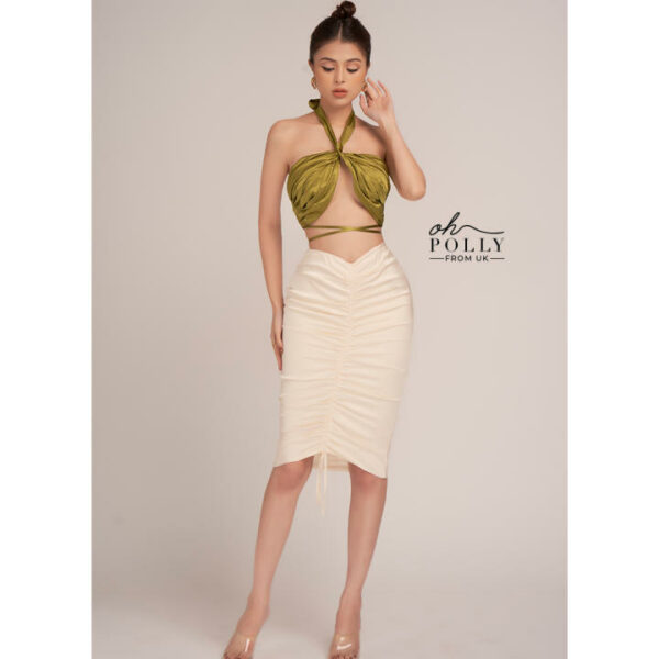 Oh Polly - Set đồ nữ áo croptop khoét ngực và eo cổ yếm, váy body rút dây dài vải satin sang trọng