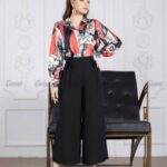 Quần culottes chiffon đen ống rộng cạp đan dây cách điệu TOSON 24024B52