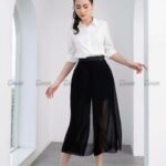 Quần culottes voan ngựa đen tà bong xếp chéo TOSON 26016B11