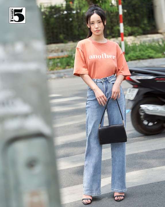 Quần jeans nữ dáng suông, ống rộng, trơn basic TWENTYFIVE 4070