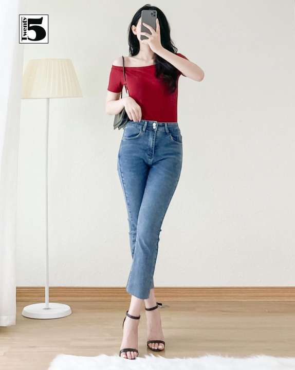 Quần jeans nữ ống đứng, gấu cắt, 2 cúc thương hiệu TWENTYFIVE 3422