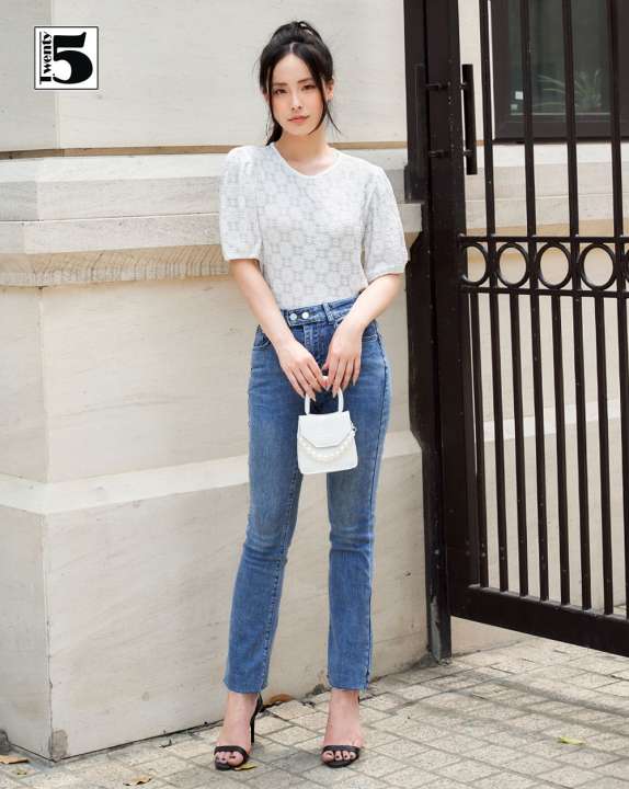 Quần jeans nữ ống đứng, gấu cắt, 2 cúc TWENTYFIVE 4078