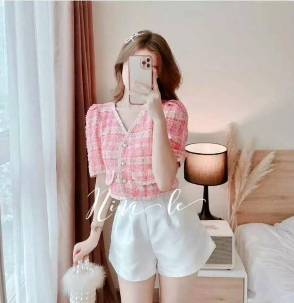 Set croptop bố kèm short hồng - Rossy Fashion