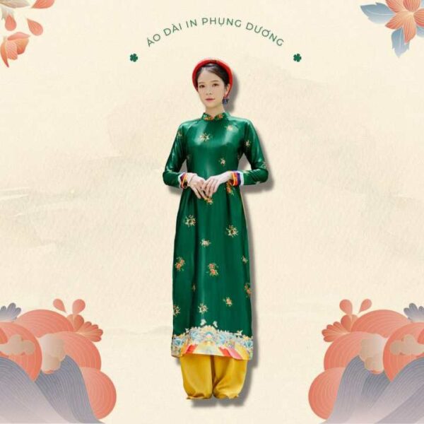 Sumire Store Áo dài in Truyền thống Phụng Dương Xanh lông công