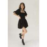 VÁY ĐEN ÔM CO GIÃN, TAY PHỒNG – BLACK PEARL MINI DRESS, SOLID