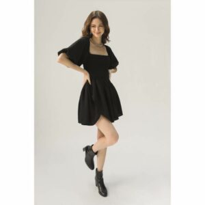 VÁY ĐEN ÔM CO GIÃN, TAY PHỒNG - BLACK PEARL MINI DRESS, SOLID